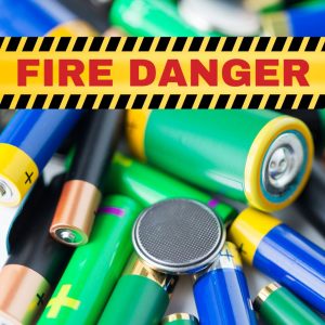 Square Image of Batteries with Fire Danger Warning