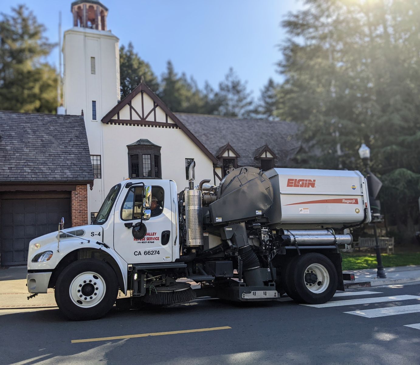 MVRS Street Sweeping Truck in front of Mill Valley City Hall