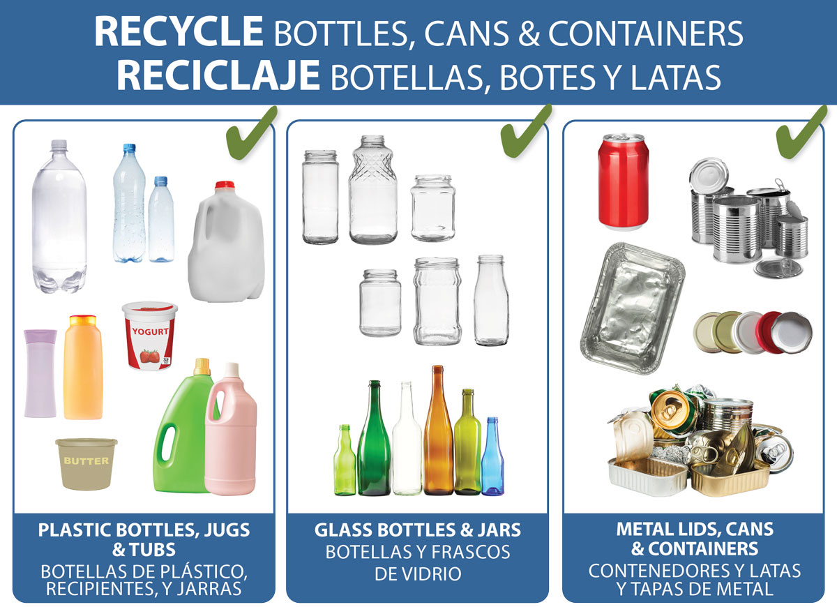 Images of glass, plastic and aluminum container recyclables for the blue cart.