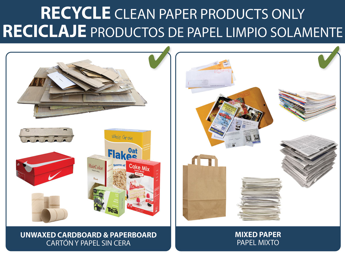 Images of paper boxes, letters, newspapers etc. for recycling in the blue container.