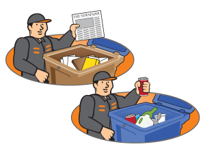 Illustration of man putting recycling into the 2 different recycling carts MVRS offers