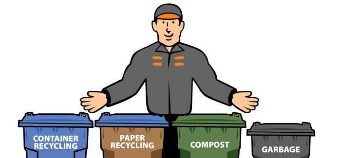 Cartoon of man above the 4 carts offered by MVRS for residential customers: 2 for Recycling, Compost, & Garbage