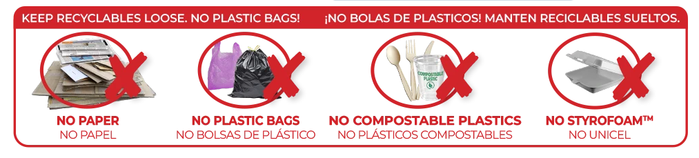 Items not accepted in MVRS Container Recycling: plastic bags, compostable plastics, paper or Styrofoam