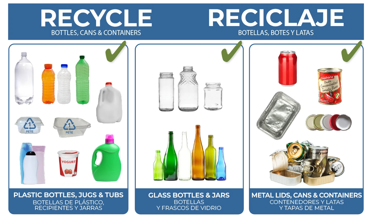 Items accepted in the MVRS container recycle cart: glass, metal and plastic jugs, tubs and bottles